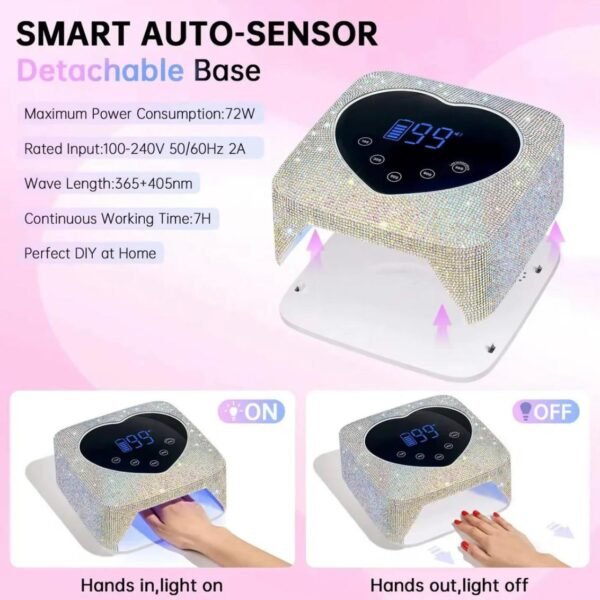 Lámpara LED UV Inalámbrica para uñas 72W corazón brillos - Imagen 4