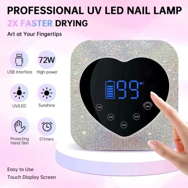Lámpara LED UV Inalámbrica para uñas 72W corazón brillos - Imagen 3